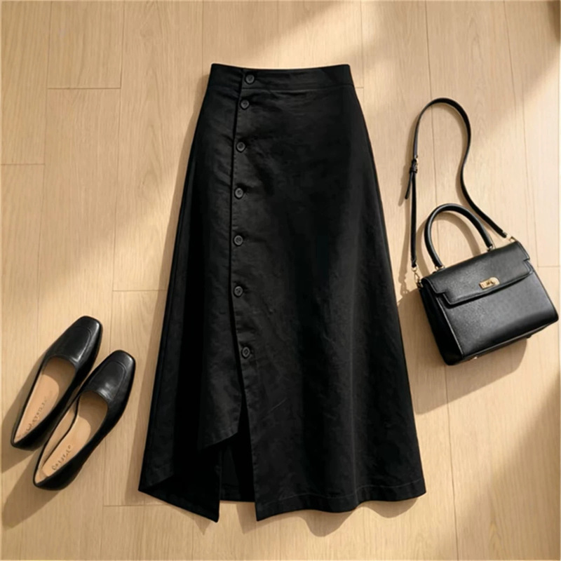 Classic French retro long skirt with side button design and irregular slit, suitable for petite figures, summer skirt Classic French retro long skirt with side button design and irregular slit, suitable for petite figures, summer skirt