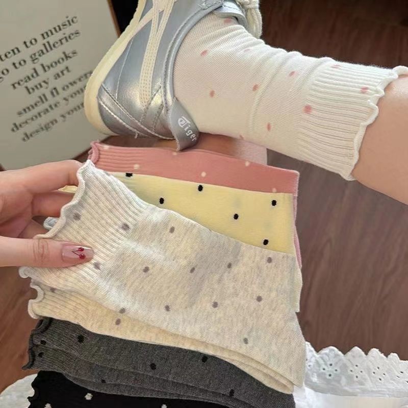 Spring and Summer Ruffle Lace Slouch Socks Thin Mid-Calf Socks Korean Style Trendy Pairing with Loafers Small Leather Shoes Polka Dot Socks for Women