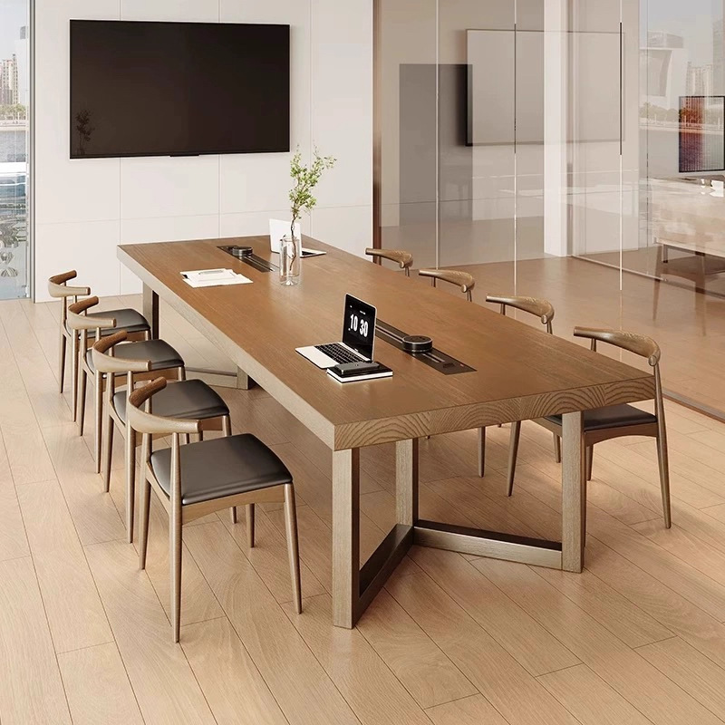 Simple Modern Solid Wood Conference Table Long Table with Socket Reception Table and Chair Combination Log Large Board Workbench