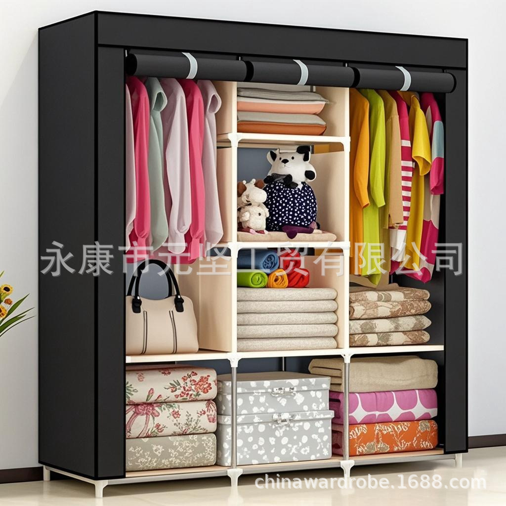 Armario de tela simple, armario de almacenamiento, armario a prueba de polvo, dormitorio, marco de acero, combinación de refuerzo, armario de estudiantes de alquiler al por mayor