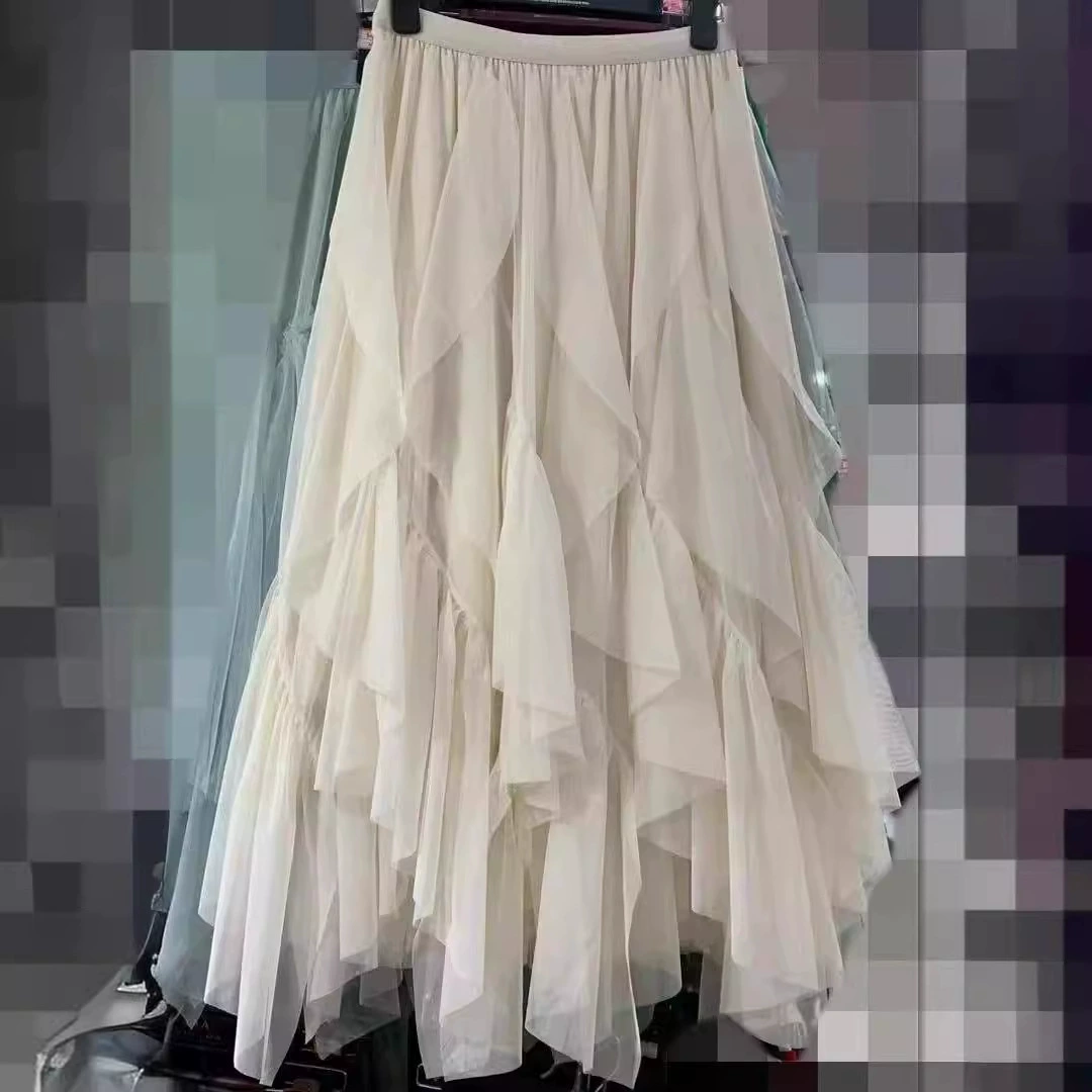 Женская газовая юбка нестандартной формы с рюшами, осень-зима 2021, новая драпированная сетчатая юбка-фея средней длины с высокой талией