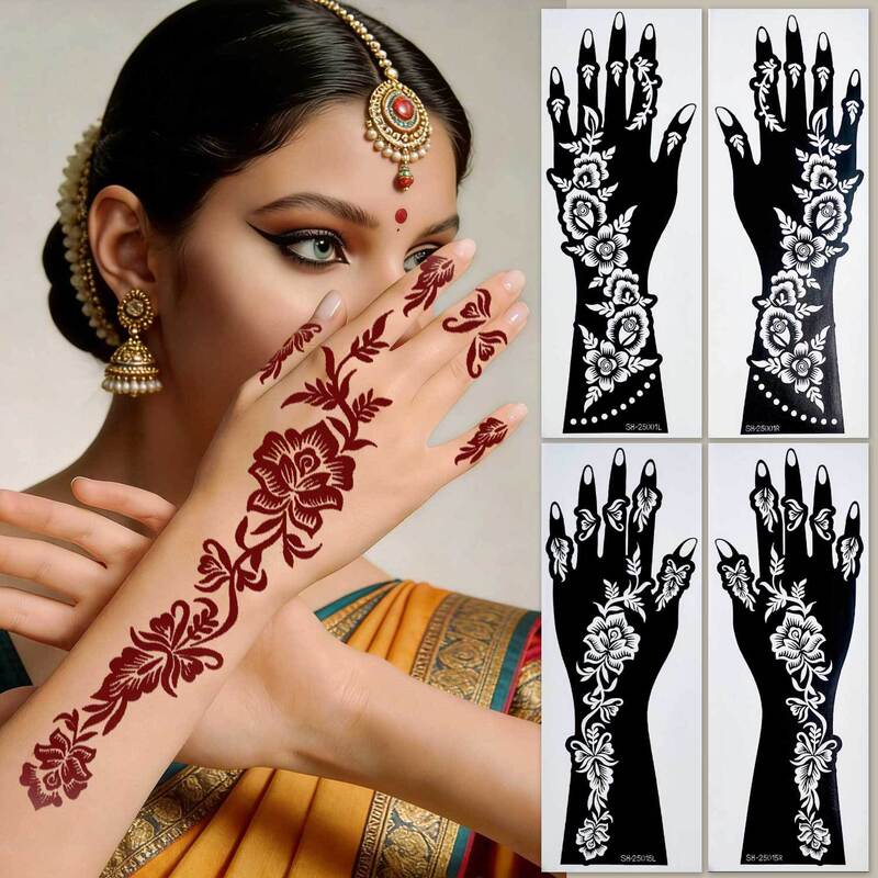 Cross-Border Popular Hand-Shaped Henna Tattoo Template Birthday Party Bride Wedding Rose Lace Hollow Tattoo Sticker