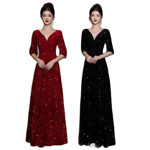Grand choir performance clothes, women's long dress, adult dress, red song recitation competition, evening dress, student performance clothes,