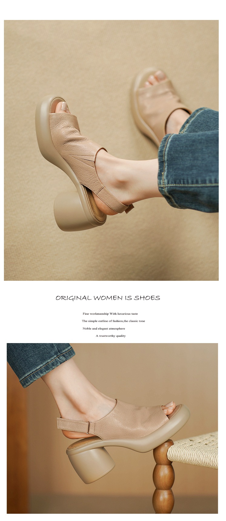 Sandal nữ cao gót mũi hở da cừu quai một từ khóa — màu trắng ngà chi tiết 9