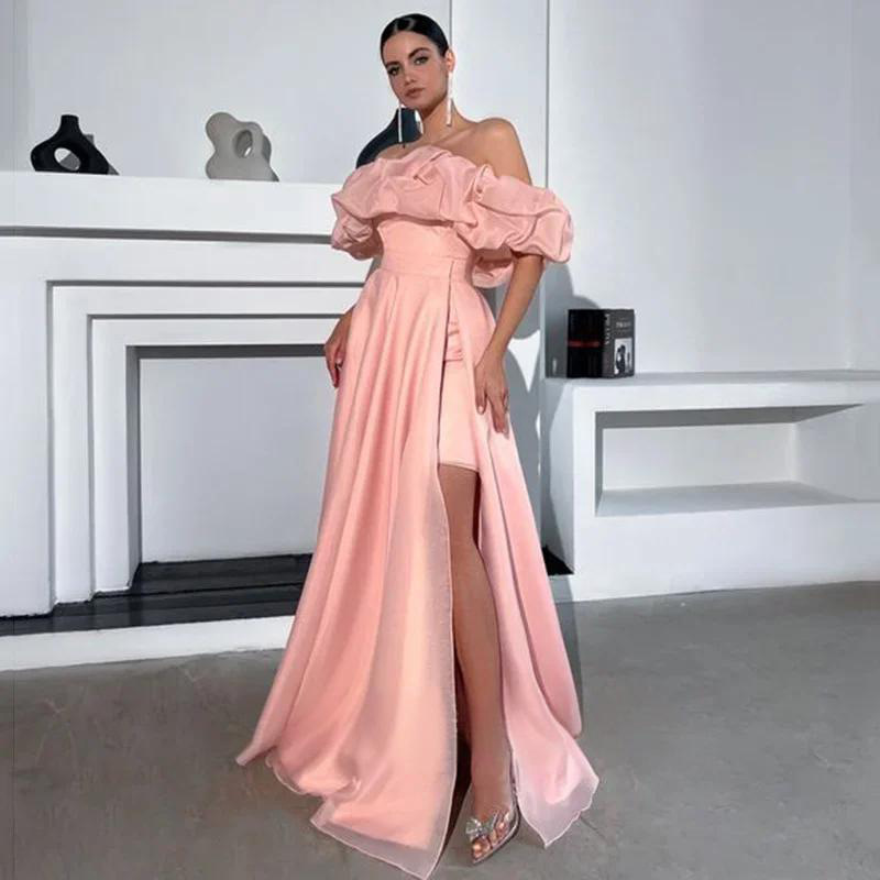 Pink One-Shoulder Dress, Fashionable and Elegant, European and American Party Side Slit, High-End Long Skirt, Host Uniform