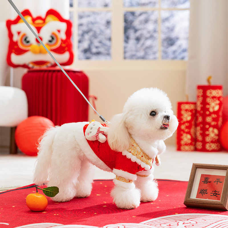 Otoño y invierno perros Año Nuevo rojo festivo Tang traje gato cálido y grueso algodón Teddy mascotas ropa de perro de Año Nuevo