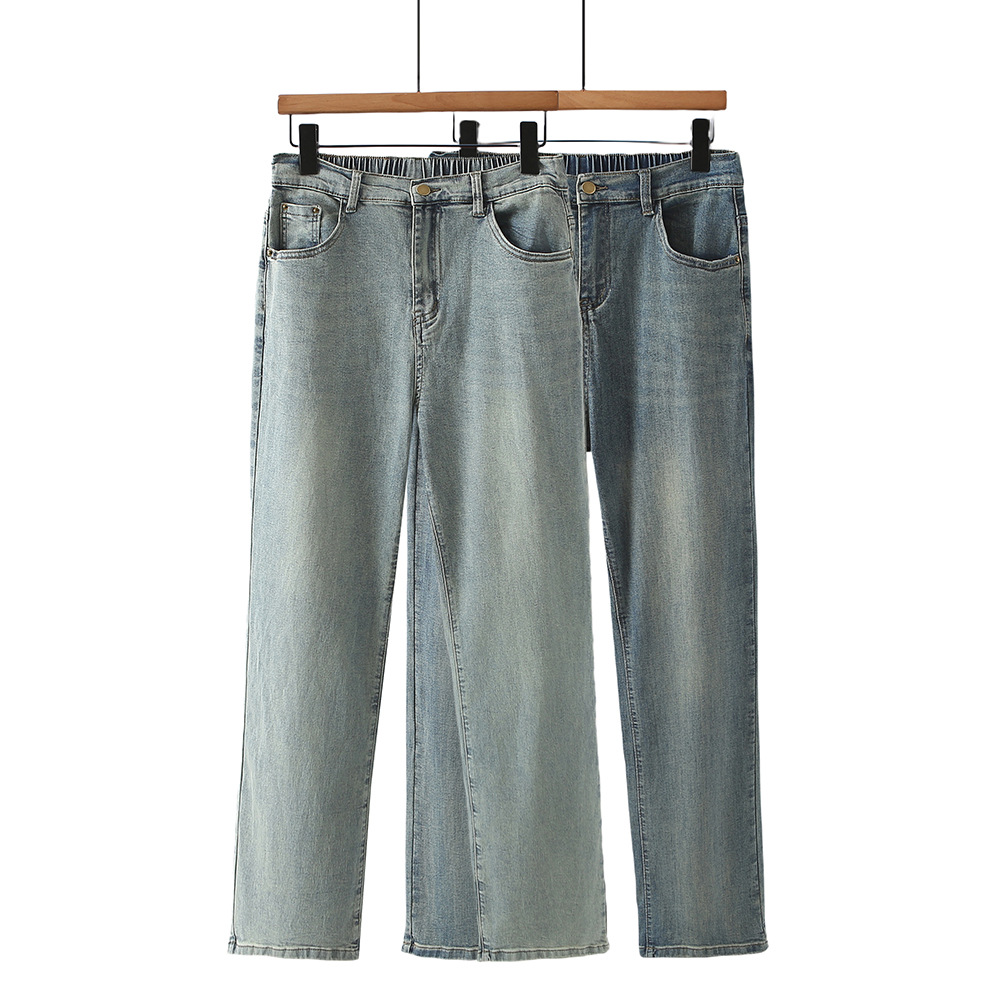 Plus Size Women's Fat Girl Loose Slim Stretch Jeans Spring Korean Style Semi-elastic Waist Straight Pants Z8916