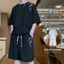一套】新中式短袖t恤男士夏季薄款新款宽松男生刺绣休闲运动套浦