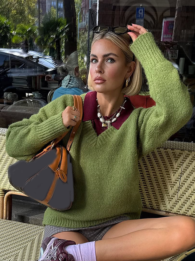 Temperamento retro color sólido cuello en V suéter de punto 2025 otoño y invierno nuevo estilo europeo y americano transfronterizo