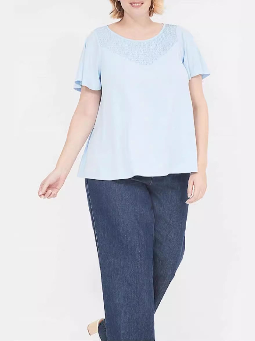 2024 Europa y los Estados Unidos verano nuevo tamaño transfronterizo ropa de mujer de pecho cuello redondo mangas cortas sueltas cómodas camisetas frescas image 3