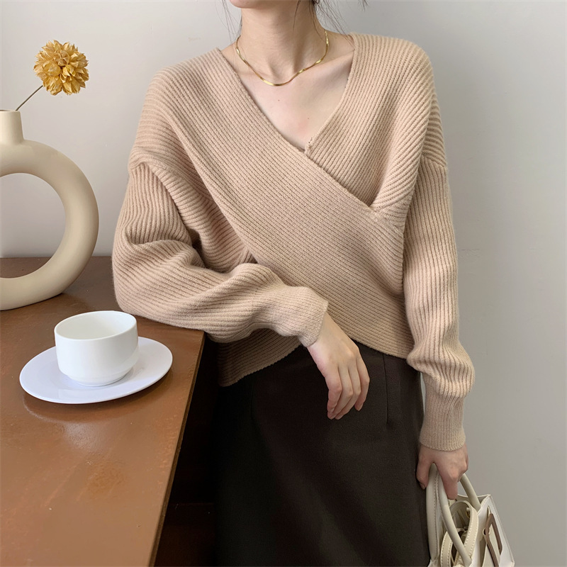 Suéter de punto holgado con cuello en V cruzado, estilo retro francés, chic coreano, para mujer, estilo corto, para otoño