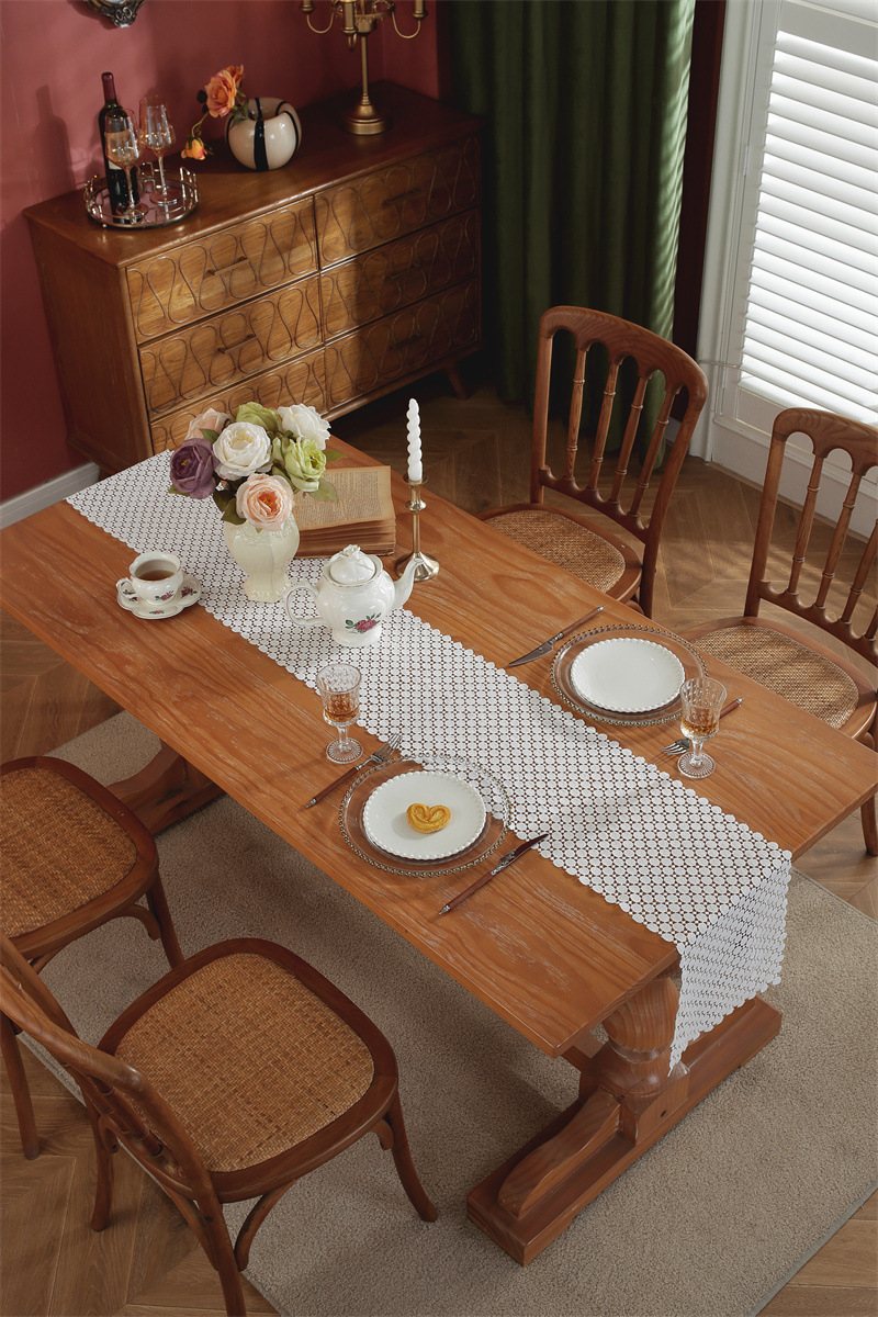 Rustic Romantic White Hollow Floral Lace Table Runner Decor_voghion.com