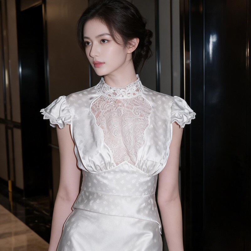In Stock: Vintage Gentle Style Lace Satin Top with Stand Collar and Puff Sleeves, French Court Style Shirt In Stock: Vintage Gentle Style Lace Satin Top with Stand Collar and Puff Sleeves, French Court Style Shirt