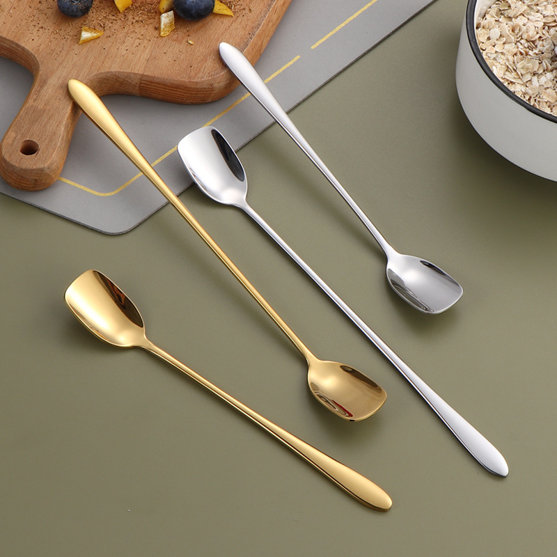 304 cucharas de acero inoxidable creativas chapadas en oro cucharas cuadradas de café té de leche mango largo taza de miel cucharas cucharas cucharas