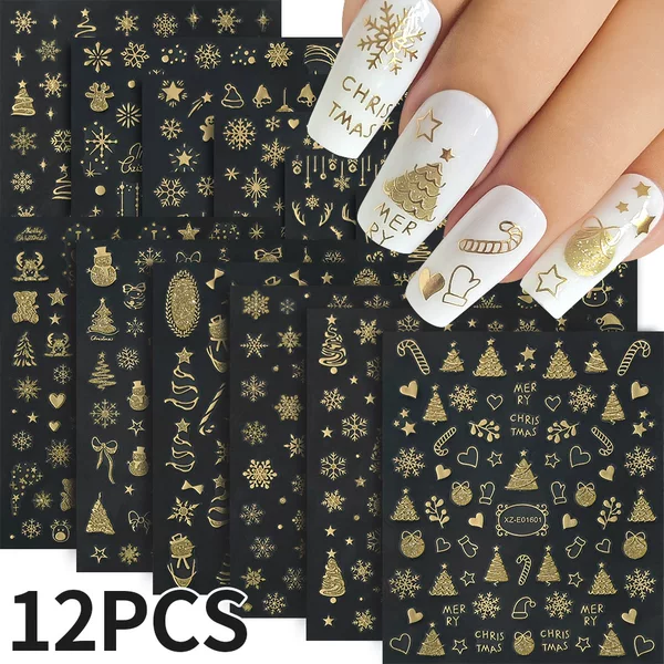 Winter 12 Christmas Nail Art Stickers Accessible Luxury Hot Stamping Glitter Christmas Tree Snowman Holiday DIY Handbook Stickers