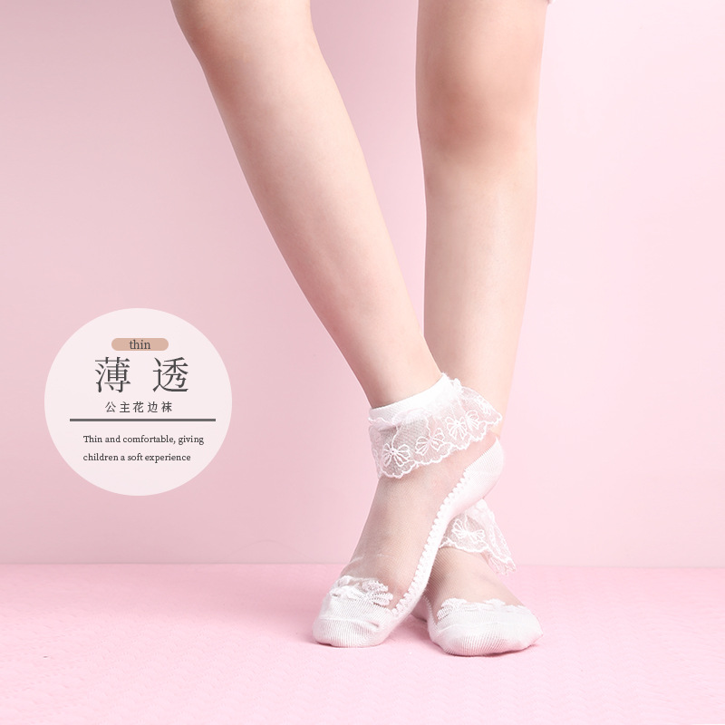 Calcetines cortos de verano para niñas, transpirables, de malla fina con encaje, con lazo sin costuras y encaje de princesa hasta la pantorrilla.