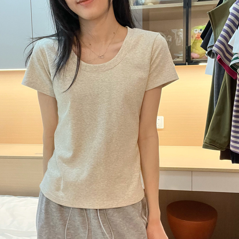 Collarbone U-Neck Pretty Top Slim-Fit Cotton Grey T-Shirt Short-Sleeved Women's Summer New Solid Color Base Shirt ins Trendy Collarbone U-Neck Pretty Top Slim-Fit Cotton Grey T-Shirt Short-Sleeved Women's Summer New Solid Color Base Shirt ins Trendy