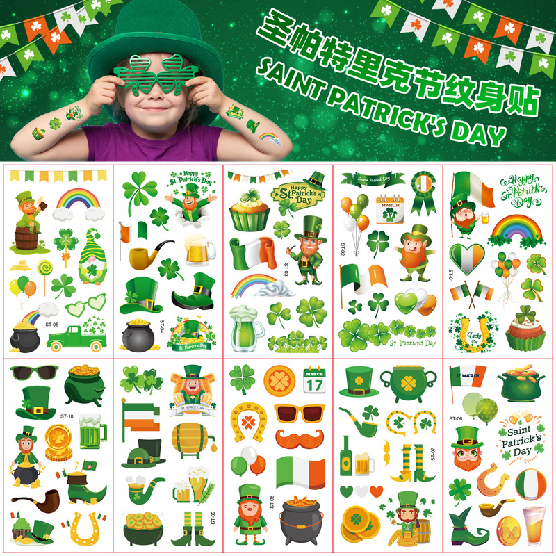 New Spot Wholesale Children St Patrick's Day Tattoo Stickers Shamrock Party Holiday Disposable Stickers