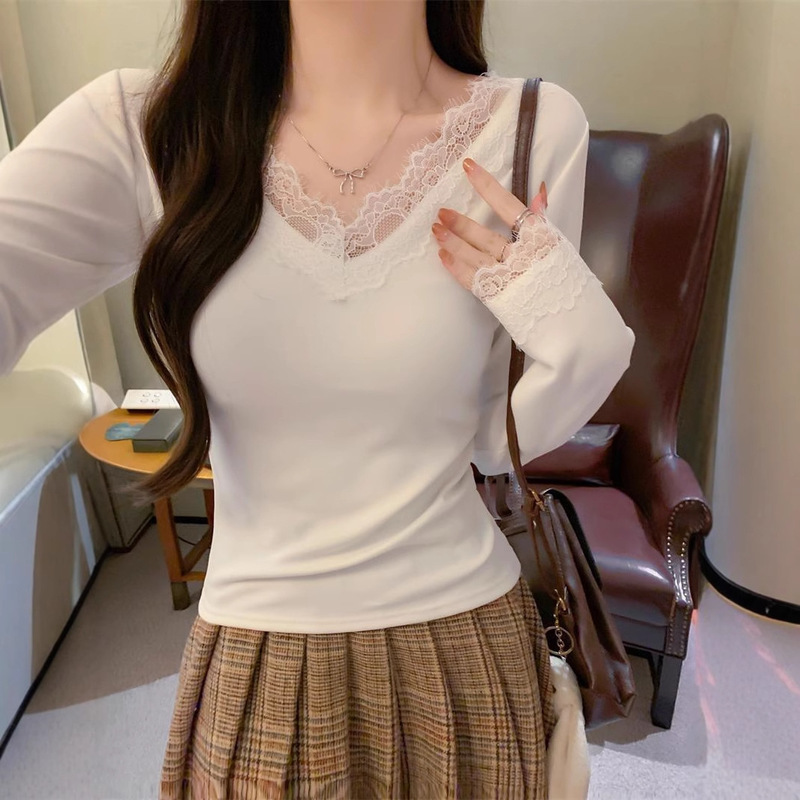 White Pure Lace Low Collar Collarbone Sexy Long-sleeved T-shirt Women's Early Autumn New Stretch Slim Top