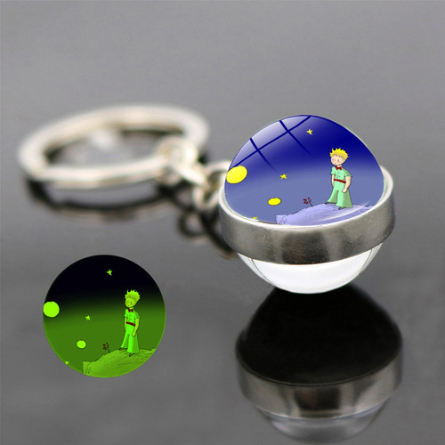 Keychain Pendant Necklace with Dual-Sided Glass Ball, Featuring the Little Prince, Fox, Glow-in-the-Dark Planet, Keychain Charm