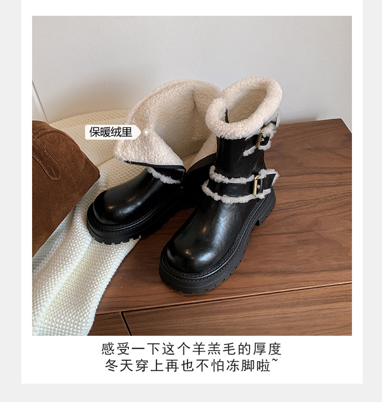 Boot tuyết nữ cổ thấp đế dày phong cách Anh, có khóa thắt lưng, lót lông ấm — màu đen chi tiết 7