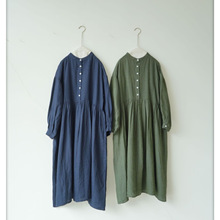 日单小立领半开襟长袖连衣裙森系文艺A字宽松麻裙双侧袋秋冬女2色