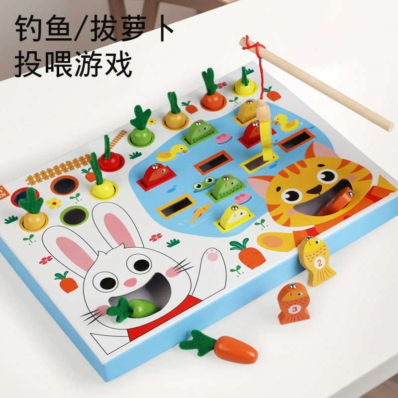 Детская многофункциональная игра-рыбалка с морковкой для кормления, развивающая игрушка для детского сада и раннего развития, деревянная игрушка для кормления.