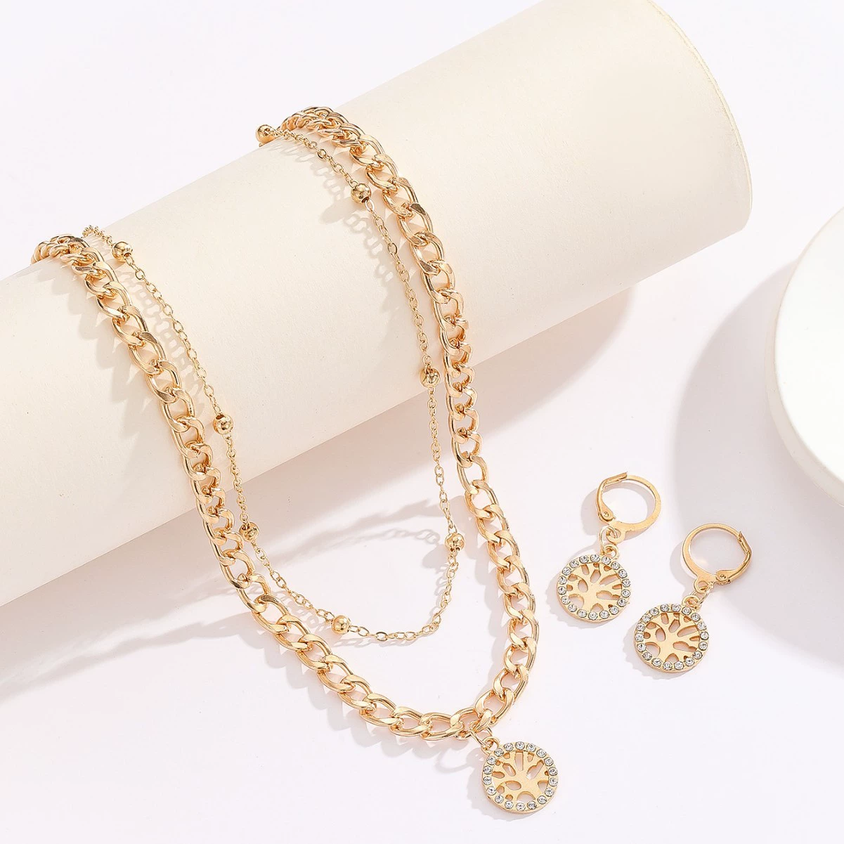 Европейские и американские модные двухслойные круглые кисточки с бриллиантами «Древо жизни», кулон на ключицу, ожерелье, серьги, комплект украшений для женщин