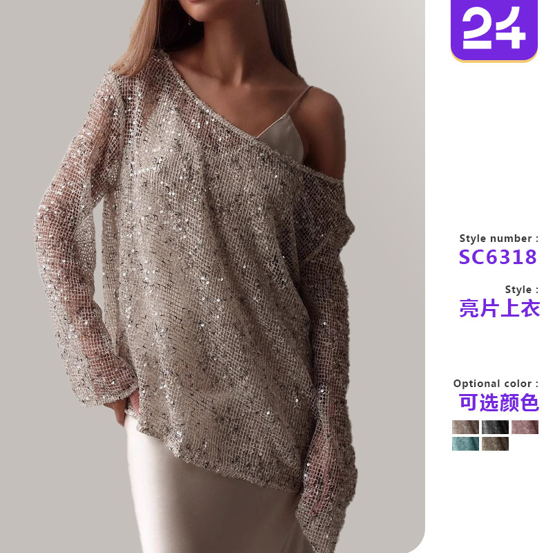 2026 New European and American Amazon Long-Sleeve Urban Casual Hollow-Out Loose Pullover Sequin Top for Women