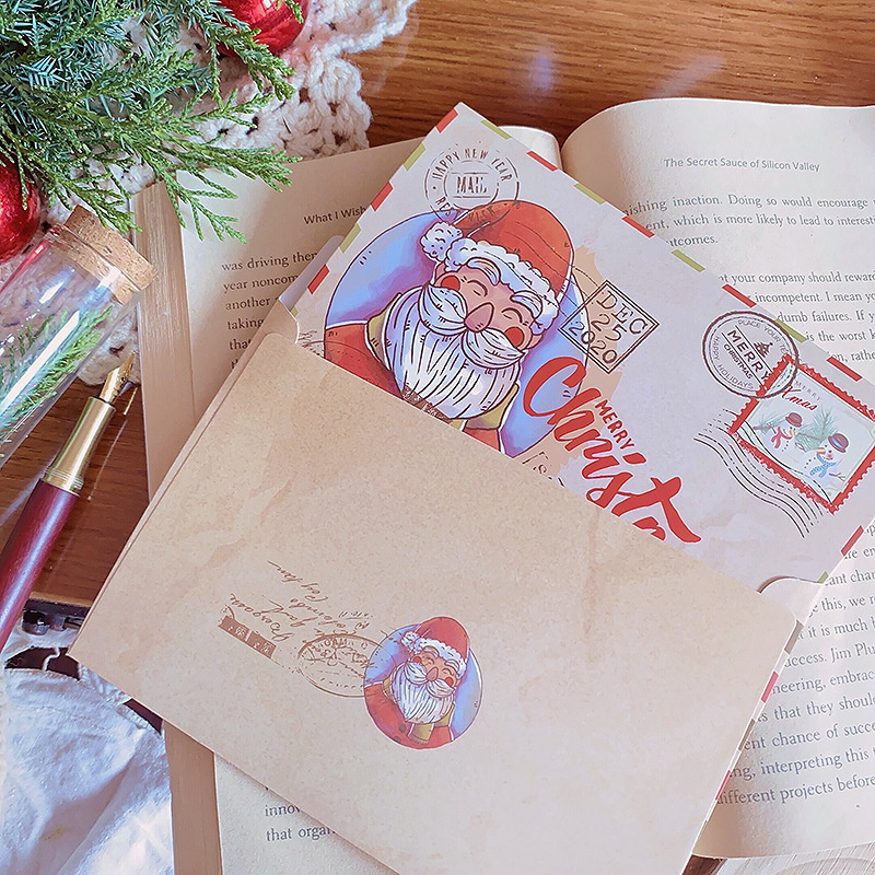 レトロ牛革クリスマスグリーティングカードクリスマスギフトカードかわいい漫画折り返しカード祝福メッセージカード封筒付き|undefined