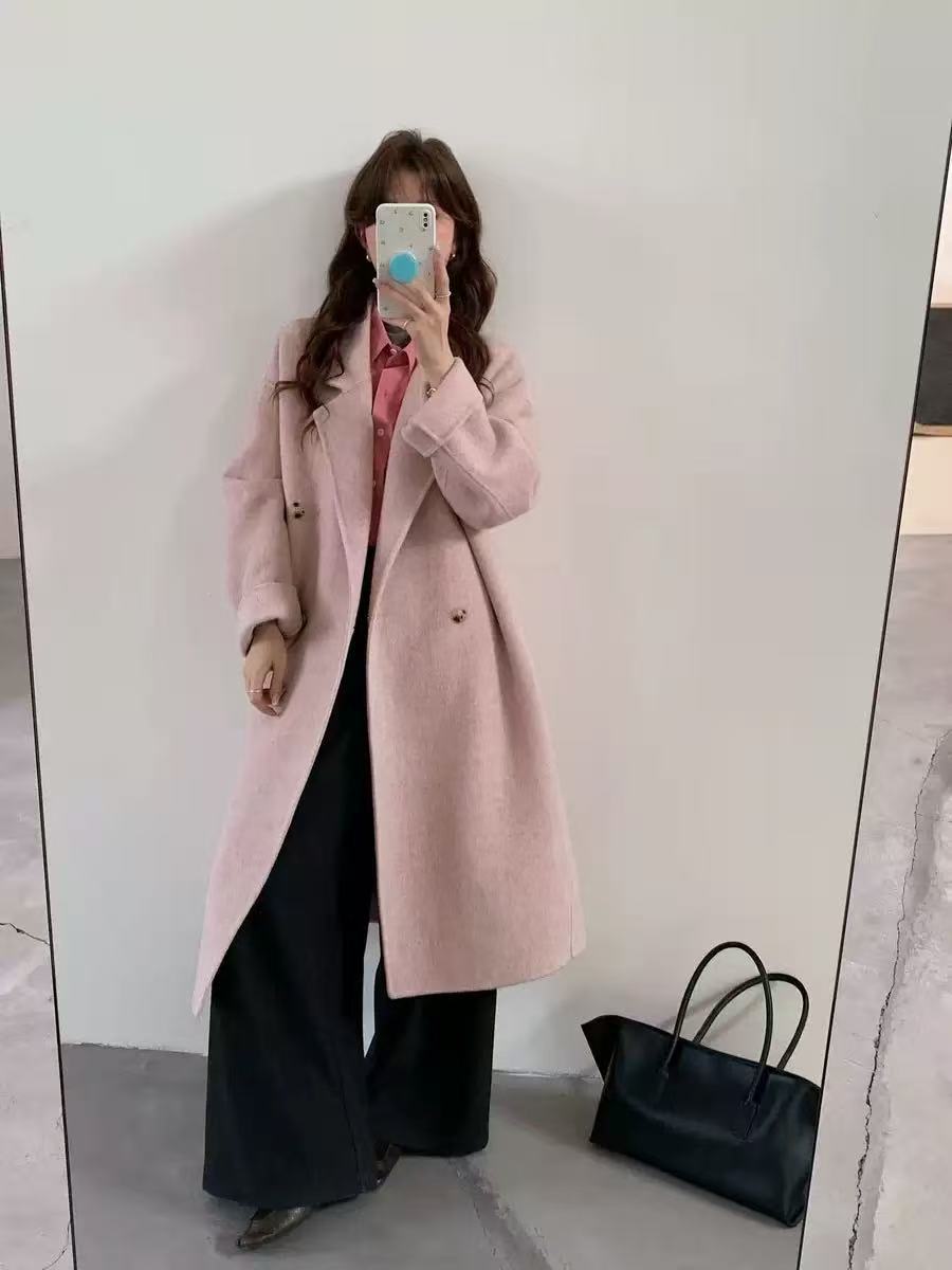 【背の高いベビーキャメルヘア】韓国通勤両面ウールコート ダブルブレスト シンプル 高級ウールコート レディース