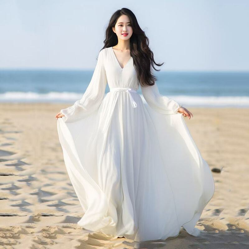 Sanya Seaside Vacation Beach Skirt High-End Chiffon Long Skirt V Neck Lantern Sleeve White Fairy Dress Sanya Seaside Vacation Beach Skirt High-End Chiffon Long Skirt V Neck Lantern Sleeve White Fairy Dress