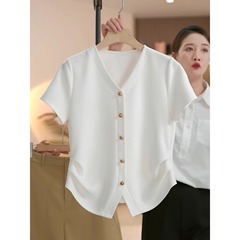 シンプルで多用途な無地半袖Tシャツ女性用2025夏人気スタイルVネックハイエンドスリムTシャツ女性用A3632