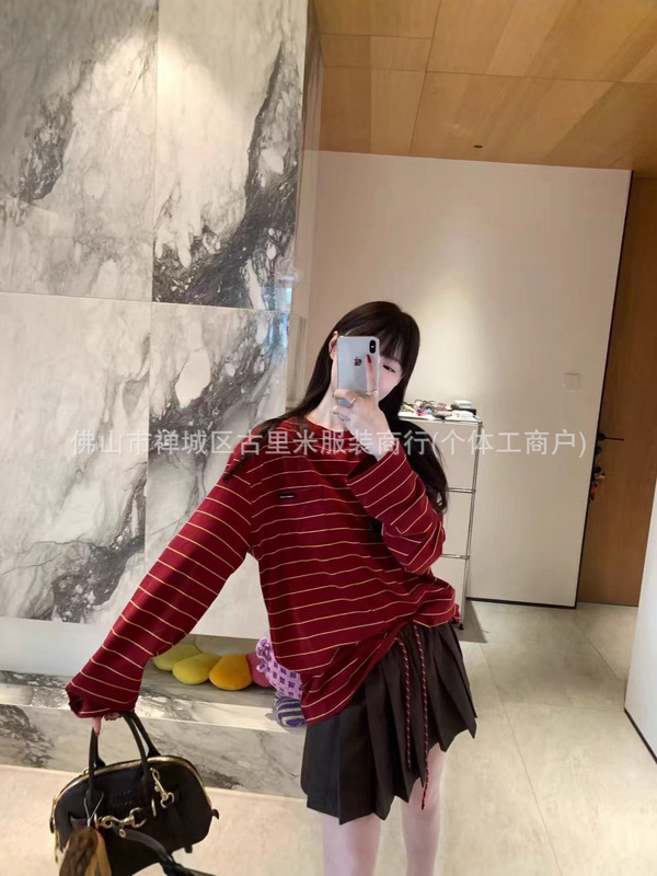 2025年秋季新款小众复古拼色字母贴布刺绣条纹宽松T恤女百搭上衣|undefined