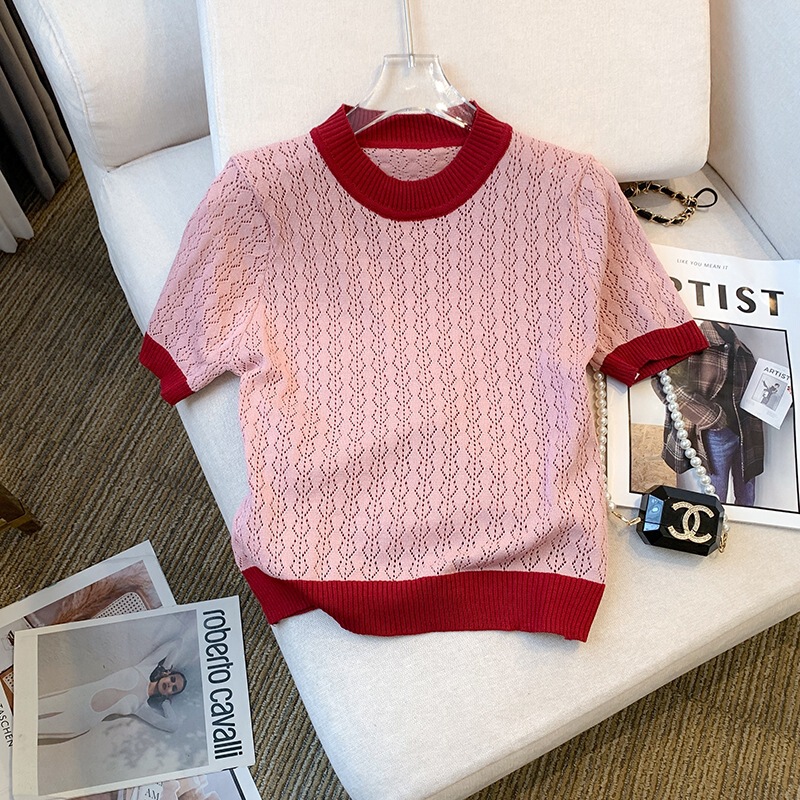 Summer New Korean Style Round Neck Color Matching Pullover Simple Fashion T-Shirt Top Ice Silk Knitted Short-Sleeved Bottoming Shirt for Women