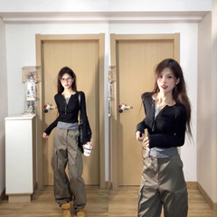 辣妹波点假两件V领长袖t恤女秋季新款别致紧身短款内搭打底衫上衣