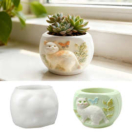 猫咪花盆硅胶模具diy小猫浮雕石膏水泥多肉盆栽桌面花盆摆件模具