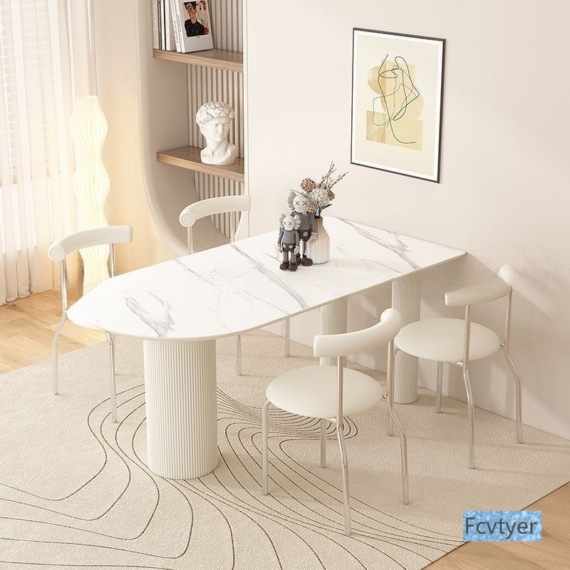 Kailaimei Cream Modern Minimalist Dining Table Set Pure White Combination Rock Slab Dining Table Small Apartment Dining Chairs Half