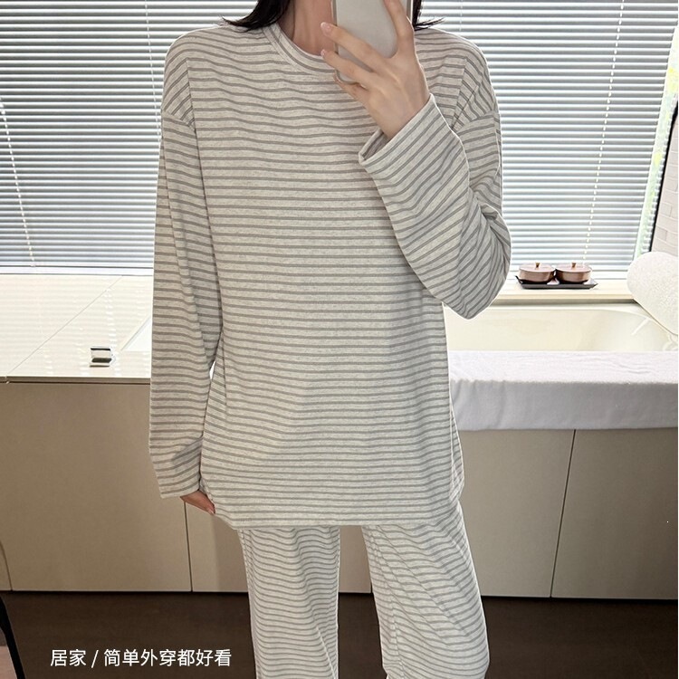 3750 Korean-style striped pajamas for women, autumn and winter printed long-sleeve set, loose round-neck pullover, brushed fabric, warm home wear 3750 Korean-style striped pajamas for women, autumn and winter printed long-sleeve set, loose round-neck pullover, brushed fabric, warm home wear