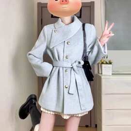 韩系小个子感2026毛呢外套女秋冬新款蓝色加厚系带呢子大衣潮