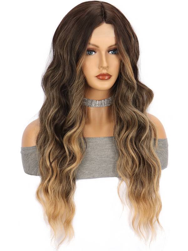 アマゾンの新しい茶色のロングストレートヘアビッグウェーブロングカーリーヘア化学繊維フロントレースレディースウィッグヘッドギア小スポット|undefined
