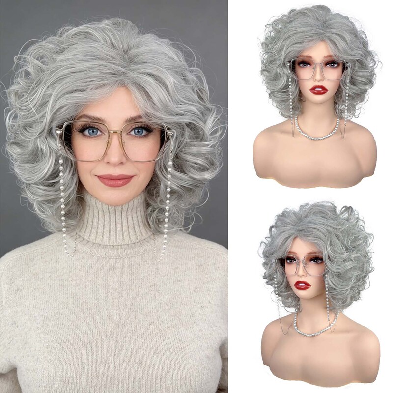 Cross-Border European and American Halloween Granny Wig Short Curly Hair Costume Set Old Lady Headgear Women's Headgear