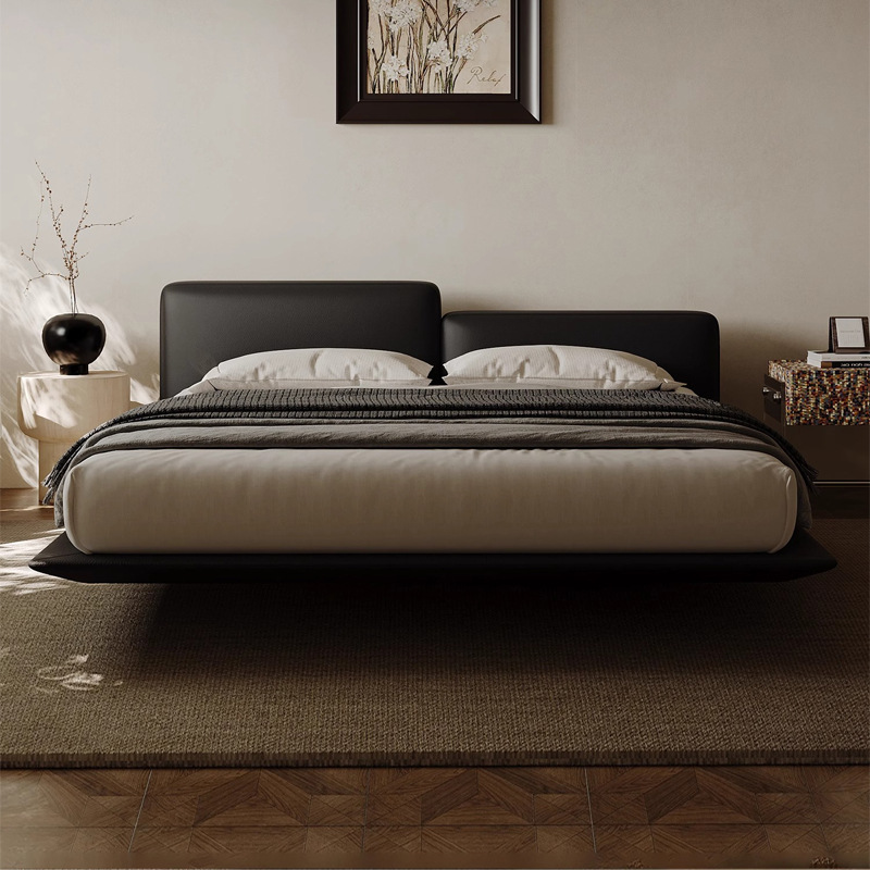 Cama flotante de bloque de tofu alto y bajo minimalista de estilo italiano, cama de cuero de vaca de primera capa, cama de cuero para dormitorio principal, cama doble 2*2.2, cama de matrimonio