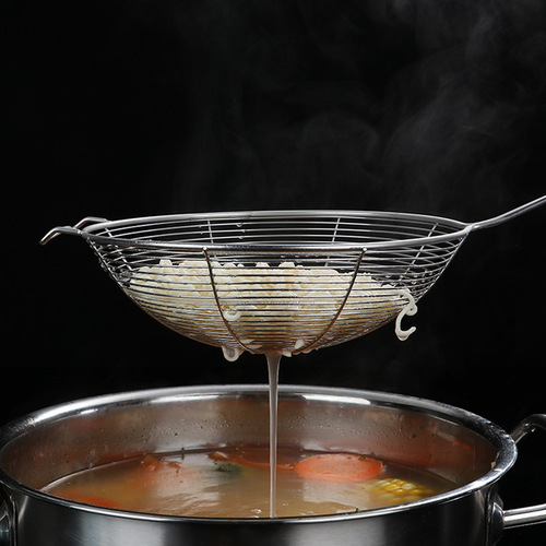 Non-magnetic stainless steel kitchen noodle colander with hook and net, thickened steel bottom to reinforce kitchen utensils