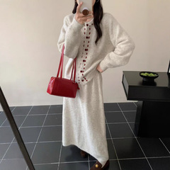 高级感撞色圆领毛衣开衫+半身长裙两件套女秋冬新款洋气针织套装