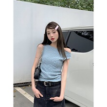 2023 显瘦斜肩泡泡无袖上衣