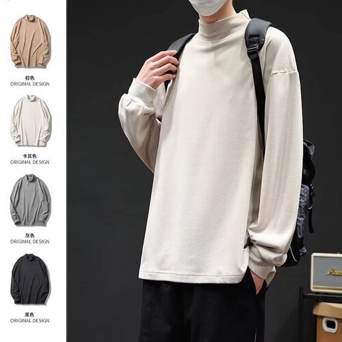 Cotton-padded merino half-neck long-sleeved T-shirt for men, autumn and winter style, warm inner layer, base shirt, round neck, loose sweatshirt for boys