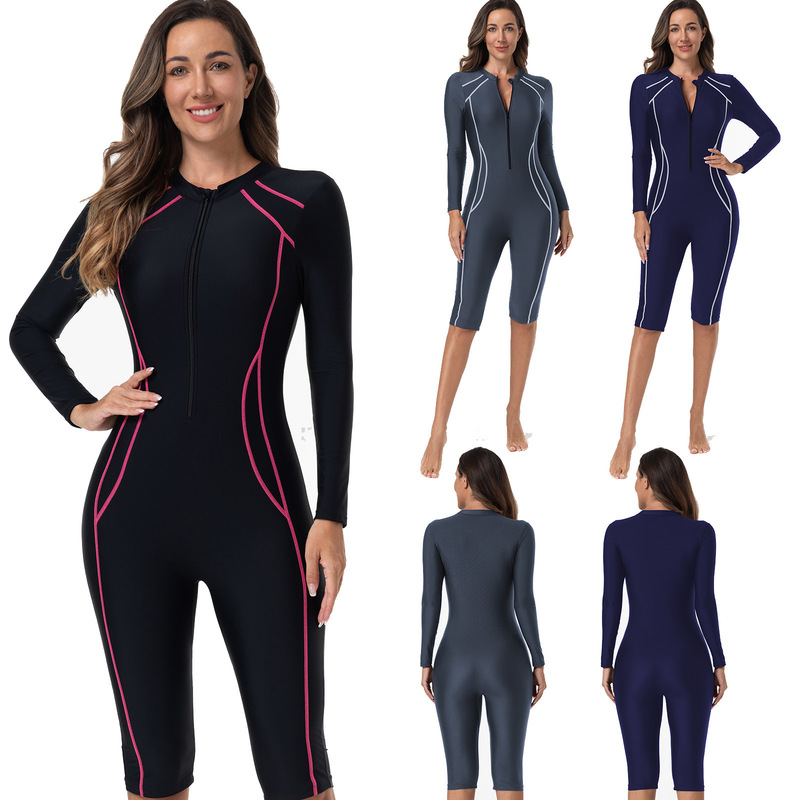 6-Color European and American Style Women's One-Piece Long-Sleeve Surf Suit, New Model with Flat-Leg Five-Point Pants, Conservative Swimwear
