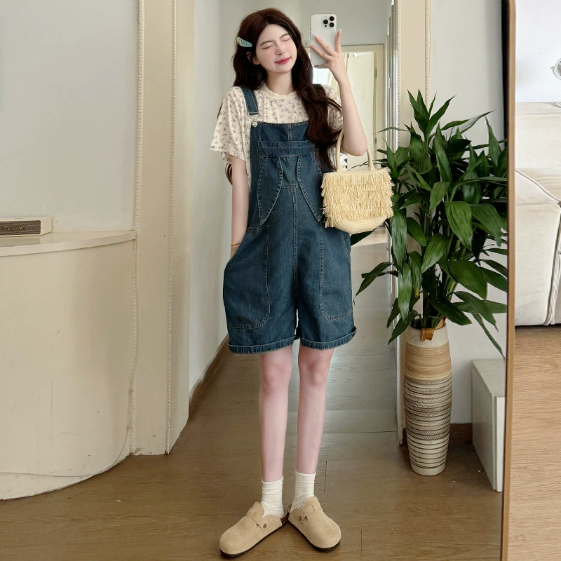 Denim overall, summer T-shirt, fashionable set for pregnant, floral print