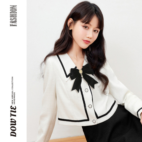 Black bow tie women's blouse, sweater top for autumn and winter, collar accessory, college style, high-end pin decoration